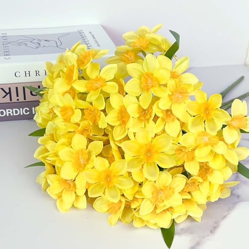 SNAIL GARDEN 2 Bunches 120 Blooms Artificial Daffodils, 18.9”Silk Narcissus, Faux Daffodils for Home Garden Office Wedding Party Decor, DIY Flower Arrangements