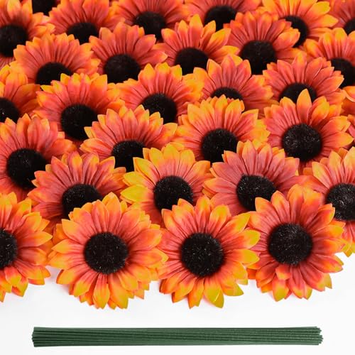 Coferset 40pcs Fake Sunflower Heads with Stems, 4" Fall Sunflower Artificial Silk Flower Heads for Party Baby Shower Wedding Making Handicrafts Home Fall Decor(Fall Orange) - color: Fall Orange-40pcs