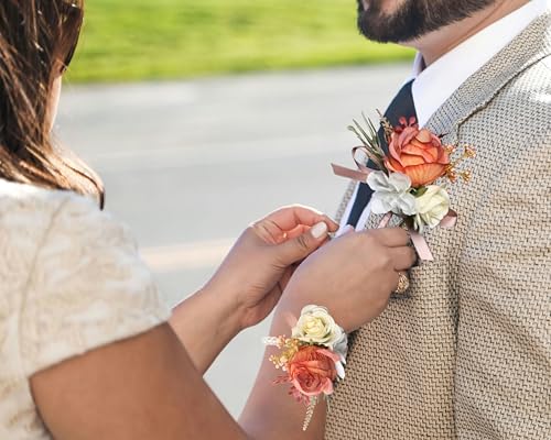Corsage and Boutonniere Set Corsage Wistlet Terracotta Corsage Wrist Artificial Flower Perfert for Proms | Weddings for Bride,Bridesmaids, Groom,Groomsmen Decor (Terracotta) - color: Terracotta