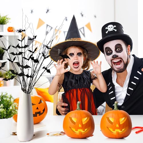 JUNEBRUSHS 8Pcs Curly Willow Branches with 36Pcs Halloween Bat Stickers | 29.5 Inch, Artificial Bendable Stems Black Branches, Halloween Wreath Home Party Decorations