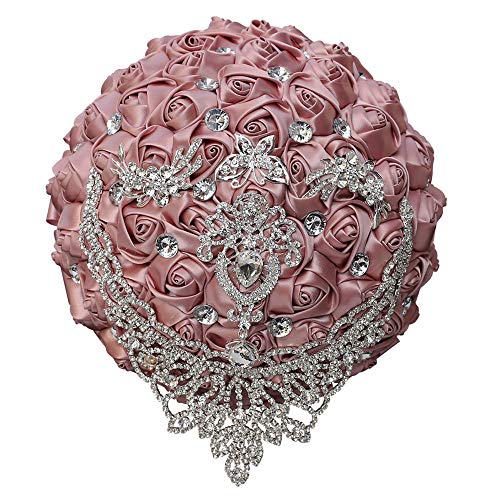 Handmade Luxury Wedding Bridal Bouquet Large Silk Rose Holding Toss Artificial Flowers Bouquets with Satin Ribbon Pearls Rhinestone for Bride Vintage Royal Wedding Bouquet (Dark Pink) - color: Darkpink