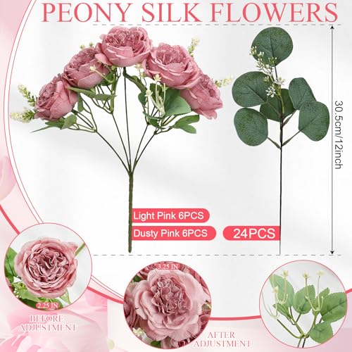 Peonies Artificial Flowers Bulk, 12 Bundles Fake Silk Peonies Faux Eucalyptus Bouquet Realistic Peony Floral Arrangement for Wedding Table Centerpiece Vase Decor (Dusty Pink & Light Pink) - color: Dusty Pink & Light Pink