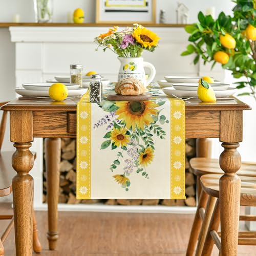 Artoid Mode Sunflower Leaves Flowers 210 GSM Summer Table Runner, Seasonal Kitchen Dining Table Decoration for Home Party Decor 13x90 Inch - size: 13" x 90", Table Runner