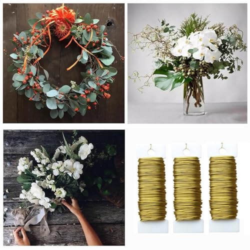 3 Rolls 22 Gauge Gold Paddle Wire Flexible Floral Wire for Flower Arrangement, Wreath, Garland - color: Gold