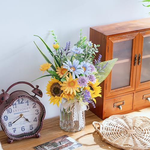 LUEUR Artificial Silk Sunflower with Vase Fake Flowers in Vase Centerpiece Coffee Table Decor, Fake Plant Blue Daisy Flower Arrangement for Spring & Summer Decorations Indoor Home Office Living Room - color: Yellow