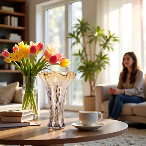 9.0"H Amber Glass Vases for Flowers, Unique Hand Blown Glass Vase Amber Gold Home Decor, Wide Mouth Colorful Flower Vase Centerpieces, For Living Room Table Bookshelf, Bathroom Office Shelf Decorative - color: Gold Amber