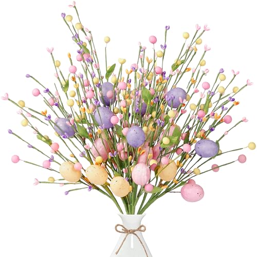 Sggvecsy Artificial Easter Stems 6 Pcs Spring Berry Picks with Eggs Colorful Berries Leaves Twig Branches Sprays for Easter Celebration Arrangement Centerpiece Home Vase Decor - color: Colorful