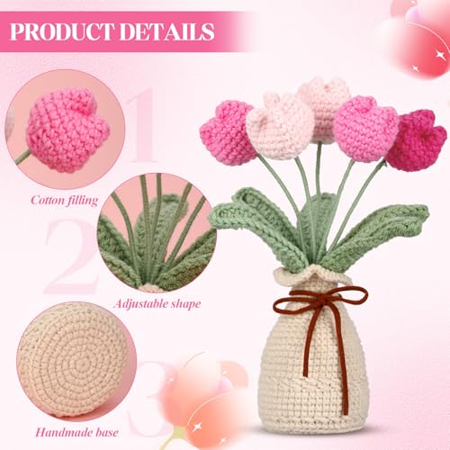 Marsui Crochet Knitting Tulip Bouquet with Vase 7" Knitted Artificial Forever Tulip Handmade Woven Flower with Exquisite Pot Gift for Father's Gifts Back to School Gift Family Home Desk Decor(Pink) - color: Pink, style: Tulip