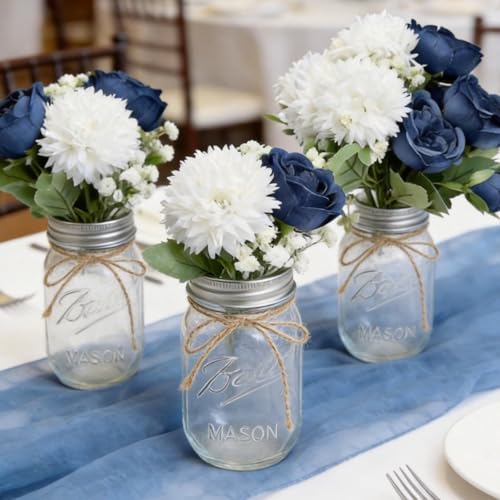 16 Bundles Artificial Flowers Peonies Bulk, Navy Blue Silk Fake Flower for DIY Bouquet Faux Peony Floral Arrangements for Vase Centerpiece Home Wedding Party Centerpiece - color: Navy Blue & White