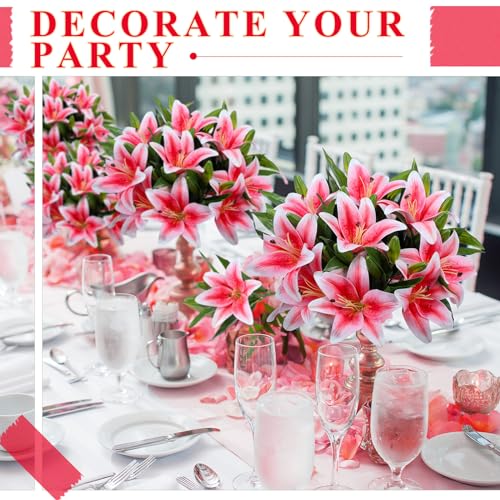 XunYee 16 Pcs Artificial Tiger Lily Flowers Lifelike Touch Lily Latex Lilies Flowers Artificial Bouquet Faux Latex with Rods for Summer Home Decoration Birthday(Pink and Green) - color: Pink and Green