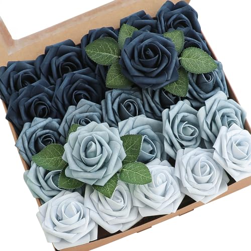 Floroom Artificial Flowers 25pcs Real Looking Dusty Blue Ombre Colors Foam Fake Roses with Stems for DIY Wedding Bouquets Bridal Shower Centerpieces Floral Arrangements Party Tables Home Decorations - color: Shades of Blue