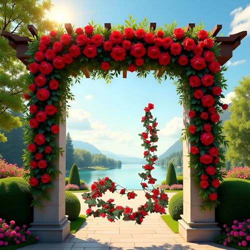 Red Artificial Flower Garland,Peony Vine Flowers Garland Hanging Silk Plants for Wedding,Vine Flowers Hanging Strings for Wedding Arch Table Wall Backdrop Party Decor Artificial Plants and Flowers