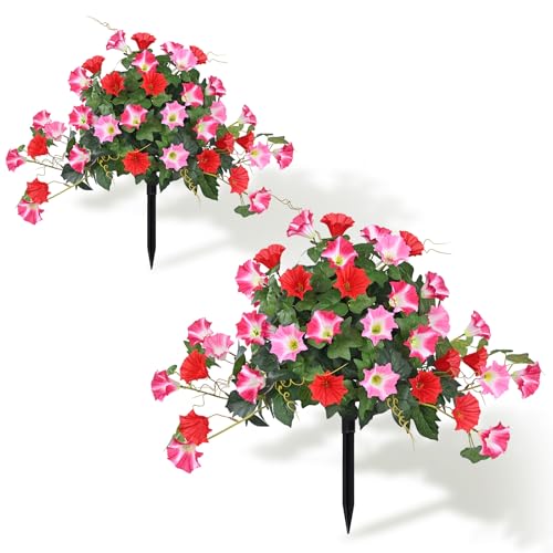 Elyum 2 Pack Artificial Flowers Topiary Ball Trees for Outdoors, 19.7" Lifelike Morning Glory Fake Bushes Plants, UV Resistant Fake Plants Faux Shrubs with Ground Spike for Porch Garden Decor (Red) - color: Mixed Red