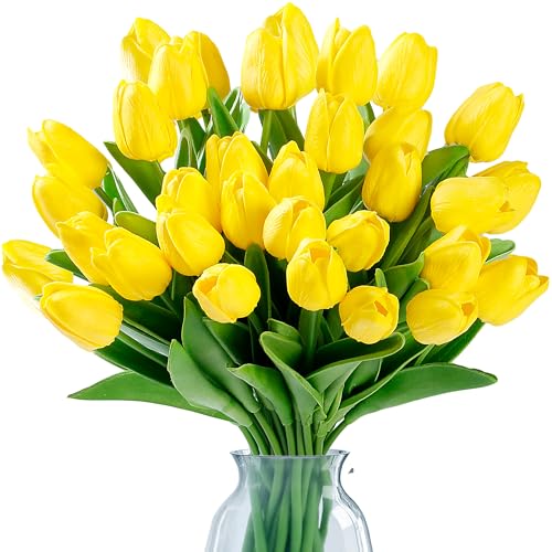 Sggvecsy 15 Pcs Fake Tulips Artificial Flowers Real Touch PU Faux Flowers Tulip Stems for Wedding Spring Bouquet Floral Arrangement Home Party Office Decorations for Mother's Day (Yellow) - color: Yellow, size: 15 Pcs