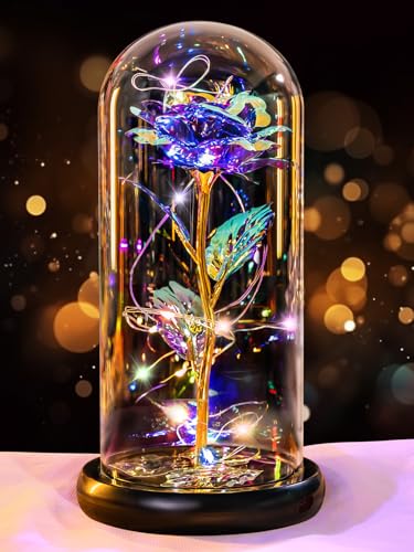 Mothers Day Flowers Gifts for Mom Birthday Gift Rechargeable Galaxy Glass Rose in Glass Dome Forever Crystal Rose Flowers Anniversary Mother's Day Roses Gifts for Daughter Wife Women Grandma Purple - color: Usb-b Purple