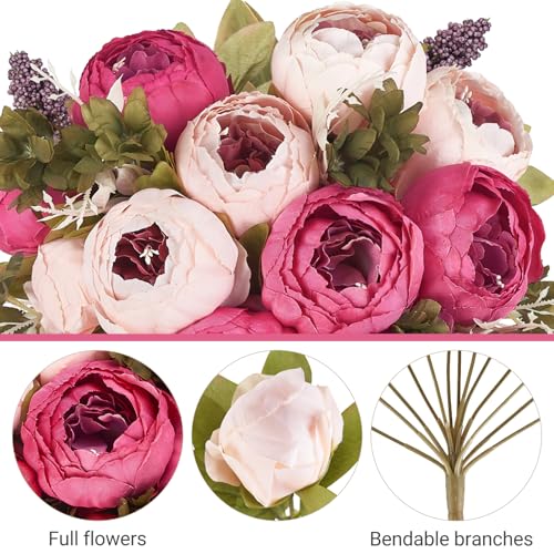 Mkono Peonies Artificial Flowers, 2 Packs 13 Stems Faux Peony Flowers Real Touch Fake Silk Bouquet for Arrangements Dining Table Centerpieces for Kitchen Bridal Wedding Party (2, Dark Pink) - color: Dark Pink