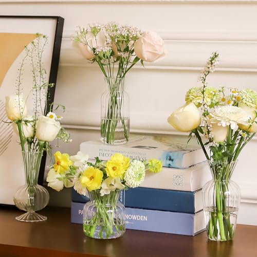 12 Pcs Ribbed Glass Bud Vases Set, 4 Styles Clear Small Flower Vases in Bulk, Roman Column Vertical Ribbed Design for Wedding, Home Decor, Table Centerpieces, Party