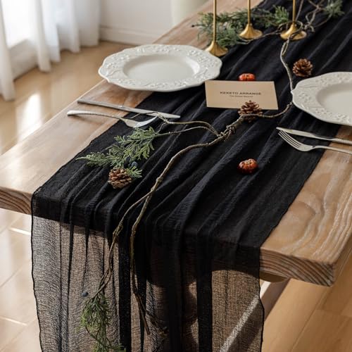 Keketoarrange Black Table Runner Cheesecloth Gauze Rustic Premium Cotton Cheese Cloth Table Decor 120 Inch 10 FT for Wedding Bridal Baby Shower Long Sheer Boho Summer Home Decorations - color: Black, size: 35"x120"(Pack of 1)