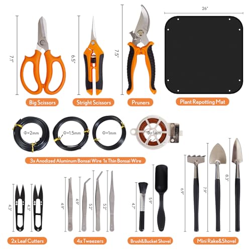 Bonsai Tools Kit 20 Pcs Garden Tools Set for Beginner, Gardening Gift for Women Men, Includes Bonsai Wire Kit, Plant Mat, Pruning Shears, Bonsai Scissors, Succulent Tools in Leather Storage Bag - style: Orange