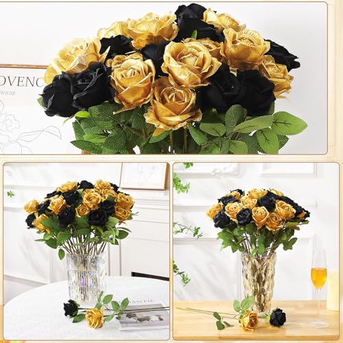 72 Pcs Artificial Roses Gold, Black Fake Silk Roses Realistic Roses Faux Flower Indoor Wedding Home Decor, Birthday Decorations - color: Gold,black