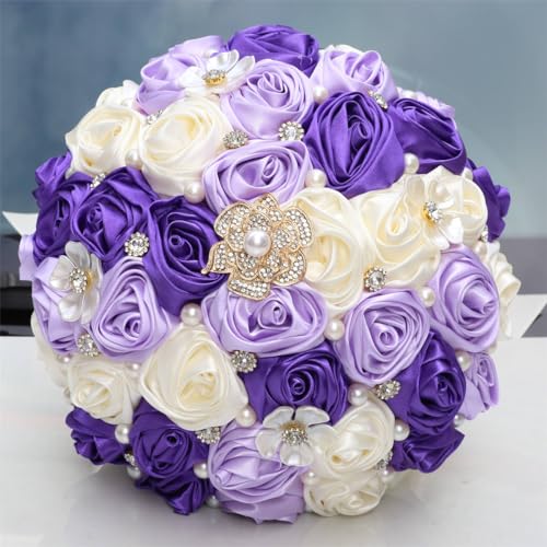 MaxxCloud 8.3‘’ Handmade Romantic Toss Bouquet for Bride Stunning Bridesmaid Brooch Wedding Bouquet with Jewelry Petals 2 Purple and Ivory - color: 2 Purple+ivory, size: 8.3''/21cm