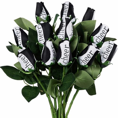 Suhine 12 Pcs Black Cheer Gifts Cheerleader Cheerleading Artificial Rose Flowers Gifts Bulk for Women Cheer Team Sport Game Day Birthday Graduation Party Decorations Favors(Black White, Normal) - color: Black White, size: Normal