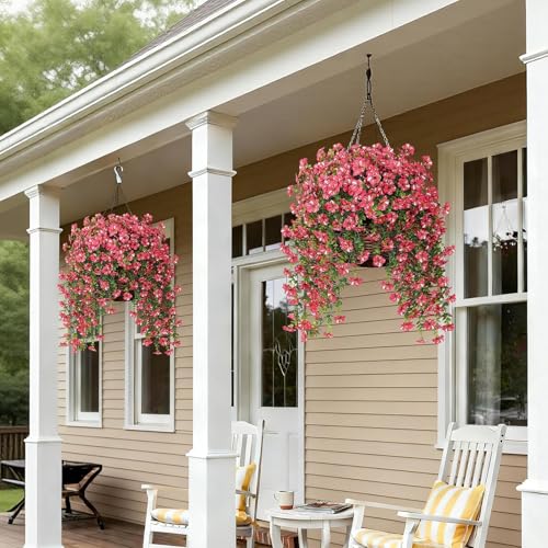 GLIDLION 4 PCS Artificial Morning Glory & Eucalyptus for Outside, Realistic Sun Resistant Fake Silk Hang Flower Faux Eucalyptus Leave for Patio Farmhouse Garden Porches Balcony Decor (Rose Red) - color: Rose Red