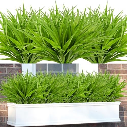 16Pcs Artificial Grass Fake Plants 17.3in 16 Leaves Outdoor Fake Grass UV Resistant Greenery Plastic Plants for Home Window Garden Patio Hanging Planter Pathway Front Porch Décor Green - color: Green, size: 16 Pcs