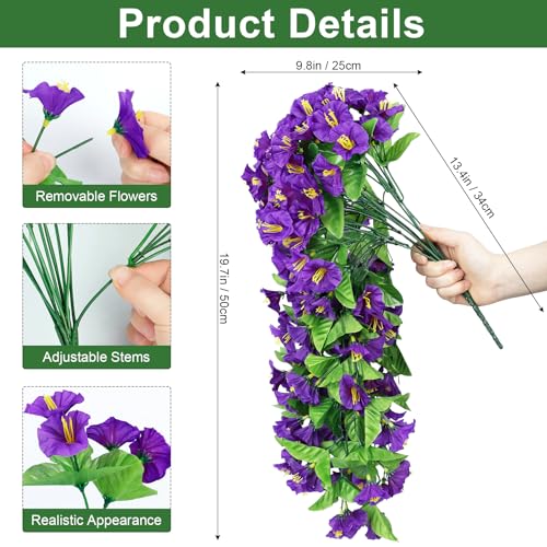 Artificial Hanging Flowers for Outdoors, 2 Pack Purple Silk Morning Glory Fake Flowers UV Resistant Faux Petunias Hanging Artificial Plants Trailing Vines for Porch Garden Spring Summer Planter Decor - color: Purple