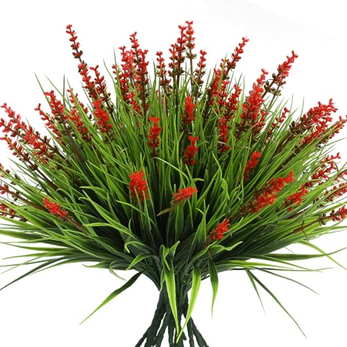 alyptus Artificial Flowers Outdoor 12 Bundles Fake Plants Outside Red Flower Grass Faux Greenery Spring Summer Wildflower Decoration for Outdoors Yard Front Porch Planter Decor (Red Flowers) - color: Red Flowers