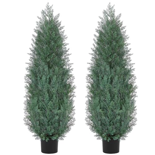 4Ft Artificial Cypress Trees (Set of 2) Outdoor Indoor, Realistic Faux Potted Cedar Trees with UV Protection, FakeTopiary Trees in Cement Pot for Entryway Patio Porch Garden Office Home Decor - size: 4FT