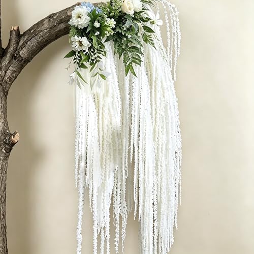 5Pcs Dried Amaranthus Hanging Flowers, 53" Neon Green Preserved Natural Wisteria for Wedding Arch, Table Centerpiece, Wall Hanging Lover Tears, Floral Arrangement (White) - color: White