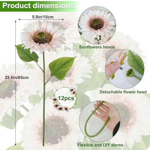12Pcs 25.6" Artificial Sunflowers Long Stem Artificial Flowers for Tall Vase 5.9" White Fake Sunflowers Bouquet Spring Summer Flower Arrangements for Table Centerpieces Home Wedding Party Decor