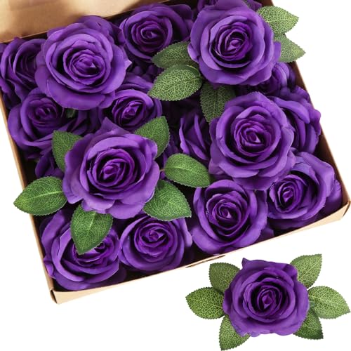 20pcs Purple Roses Artificial Flowers Fake Roses Real Looking Silk Flowers Bulk Big Faux Roses with Stems for Wedding Centerpieces Table Home Party Decor Bridal Floral Arrangements (Purple) - color: Purple