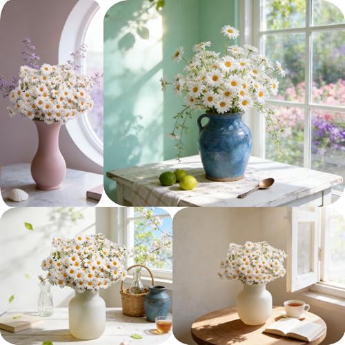 AmyHomie Artificial Daisy Flowers, 5 Bunches 135 Heads White Silk Gerbera Daisies, Fake Wildflowers with Bendable Stems for Wedding Home Indoor Outdoor Decor (20 Inches，White) - color: White