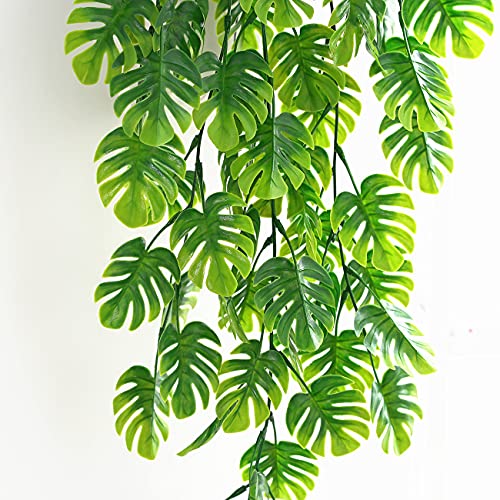 Artificial Hanging Plants 2 Pack, Monstera Leaves Fake Vine Ivy Leaf Green Rattan Greeny Tropical Palm Outdoor UV Resistant Plastic Plants for Bedroom Home Garden Office Wedding Décor - color: Monstera Vine - 2pcs