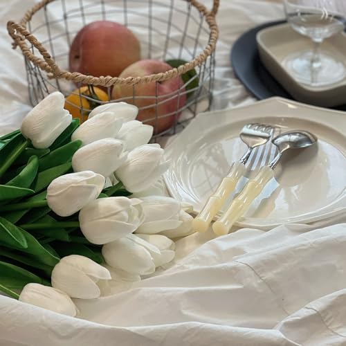 20PCS Artificial Tulip Flowers - 13.5" Real Touch Fake PU Tulips Bouquet Faux Spring Flowers (White) - color: White