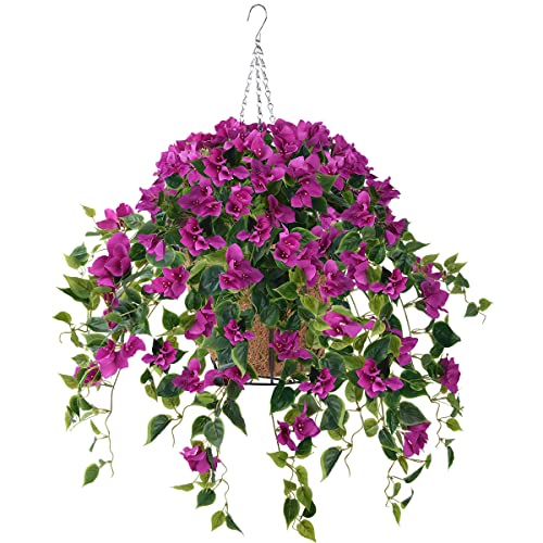 Homsunny Artificial Hanging Flowers Plants Basket for Outdoor Decoration,4 PCS Faux Silk Bougainvillea Vine Flowers Look Real UV Resistant for Outside Porch Patio Yard Garden Decor (Purple) - color: Purple