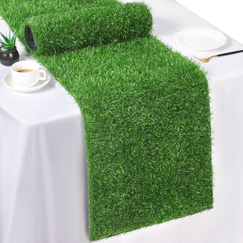 TURSTIN Artificial Grass Table Runners 12 x 120 Inch Green Grass Tabletop Synthetic Grass Carpet Rug Table Decorations for Spring Summer, Wedding, Birthday Party Decor - size: 12 x 120 Inches