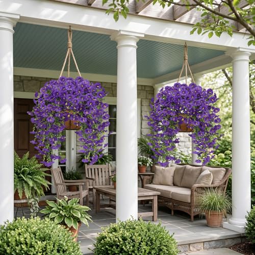 6PCS Artificial Hanging Morning Glory Flowers for Outdoor, UV Resistant Silk Faux Flowers with Realistic Eucalyptus Plants for Home Office Garden Patio Window Basket Decor(Purple) - color: Purple