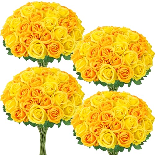 36 Pcs Velvet Texture Yellow, Lemon Yellow Artificial Flowers Bridal Bouquet, Fake Rose Long Stem Realistic Flowers Bulk for Valentine's Day Wedding Bouquet Ball Arrangement Centerpiece Party - color: Yellow, Lemon Yellow