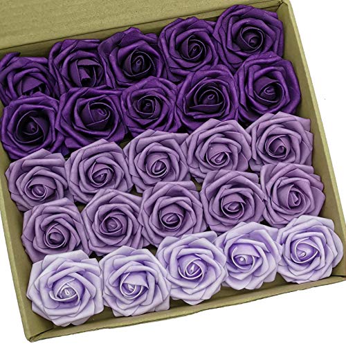 Artificial Flowers 25PCS Real Looking Ombre Colors Purple Fake Roses with Stem for DIY Wedding Bouquets Centerpieces Baby Shower Party Home Decorations - color: Shades of Purple, size: 3"/25pcs
