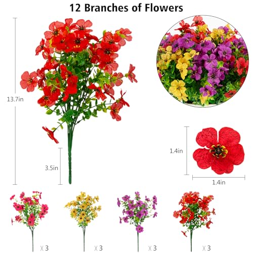 Artificial Flowers, Realistic UV Resistant Waterproof Faux Flower, No Fade Fake Flowers for Garden Porch Outside Home Decor (Multicolor) - color: Multicolor-12 Bundles