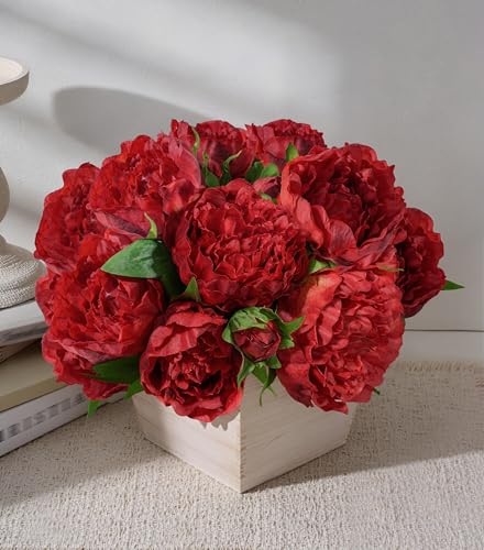 Artificial Hydrangea Flowers Arrangement in Wood Planter, 4PCS Fake Flowers in Wooden Vase Potted Floral Centerpieces for Tables Living Room Home Office Kitchen Decor (Red Peony) - color: Red Peony