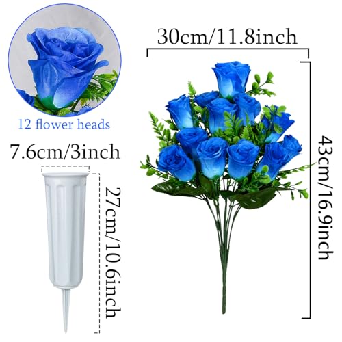 XONOR Artificial Cemetery Flowers, Set of 2 Artificial Rose Bouquet Grave Memorial Flowers with Vase for Cemetery Headstones Decoration (Blue) - color: Blue