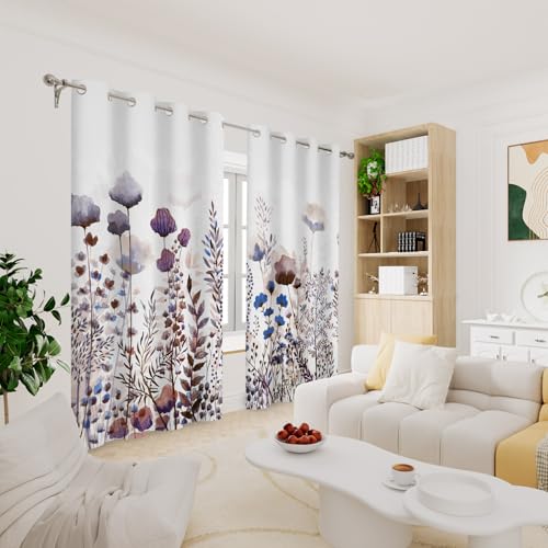 Renaiss Wild Flowers Blackout Curtains, Pastel Botanical Floral Print Thermal Insulated Bedroom Window Curtains, Nature Plants Window Curtains for Kitchen, 45" L x 29" W 2 Panel Set - color: Purple & Blue, size: 29"W x 45"L (Pack of 2)