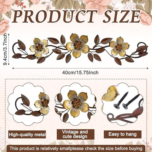 Wesiti Metal Flower Wall Decor Vintage Metal Flower Wrought Iron Scroll Sculpture 15.7''x3.7'' Not 3D, Flat Farmhouse Leaf Wall Decor with Nails for Summer Bedroom Kitchen Indoor Outdoor(Gold) - color: Gold