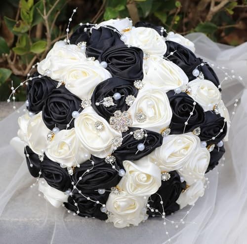 Ujicde Romantic Wedding Bouquet Bridal Bridesmaid Round Bling Brooch Bouquet Throw Toss Artificial Rose Flower Bunch with Sparkle Rhinestone Crystal Decoration(Black+Ivory,Dia. 6.3"*16cm) - color: Black+ivory, size: Dia. 6.3"*16cm