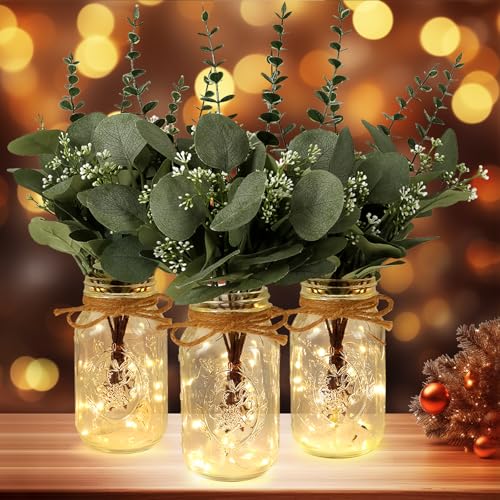 Lighted Mason Jar Centerpiece Set of 3 Eucalyptus Plant Decorative Jars Vase Farmhouse Table Decorations for Home Living Dining Room Wedding Christmas Thanksgiving Party - color: Jar-eucalyptus