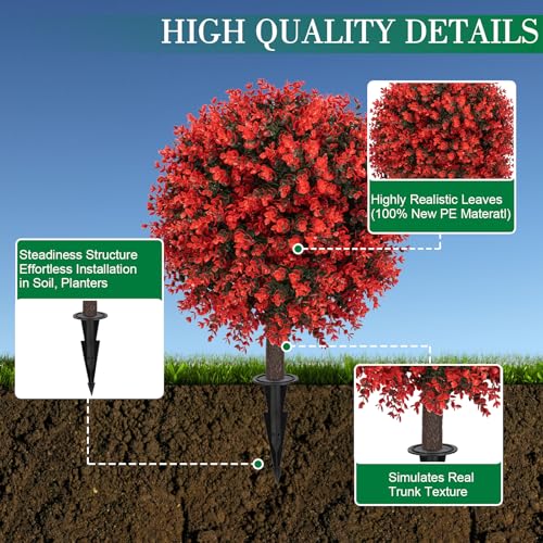 AOKIIE 24" Artificial Boxwood Topiary Bushes UV Resistant for Outdoor 2PCS | Artificial Shrubs with Ground Spike, Red Faux Outdoor Plants for Indoor & Outdoor Garden, Yard, Porch, Patio - color: Red